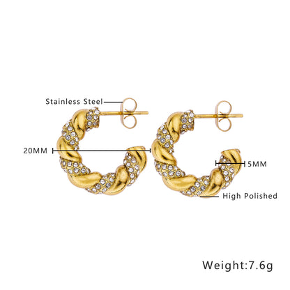 1 Pair Elegant Luxurious C Shape Twist Plating Inlay Stainless Steel Zircon Gold Plated Ear Studs