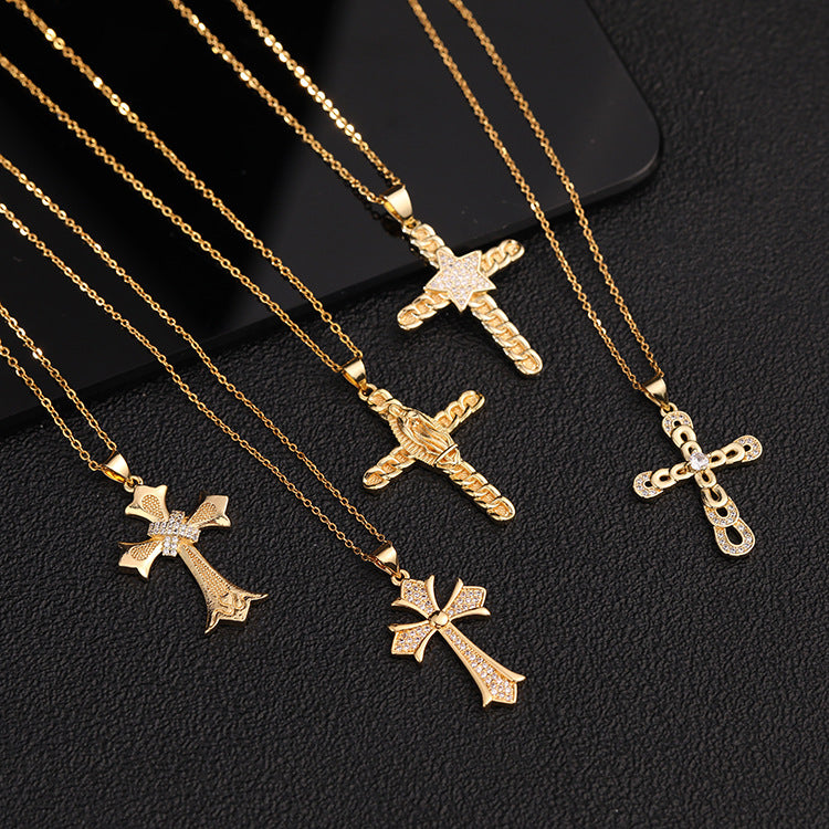 Basic Modern Style Cross Copper Plating Inlay Zircon Pendant Necklace