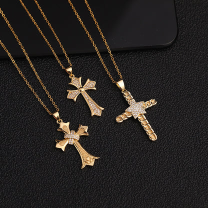 Basic Modern Style Cross Copper Plating Inlay Zircon Pendant Necklace