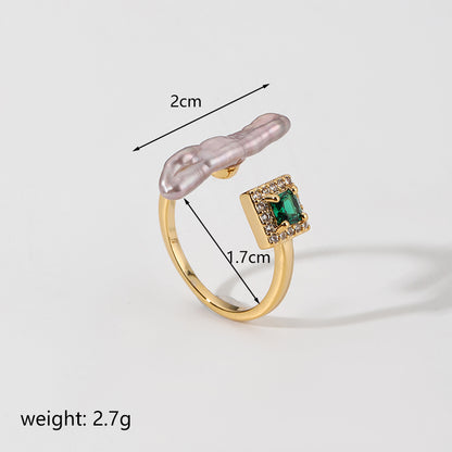 Baroque Style Flower Copper Plating Metal Inlay Artificial Crystal Freshwater Pearl 18k Gold Plated Open Rings