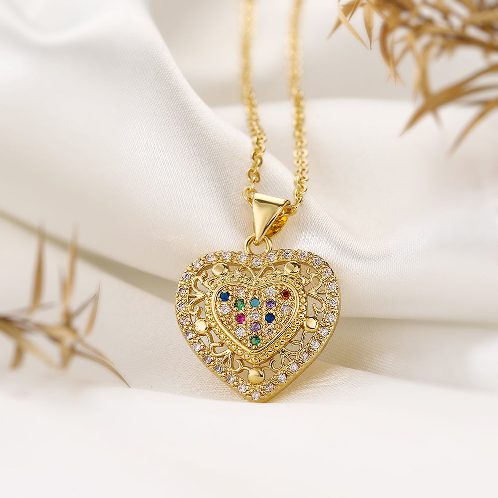 Elegant Simple Style Heart Shape Copper Plating Inlay Zircon 18k Gold Plated Pendant Necklace