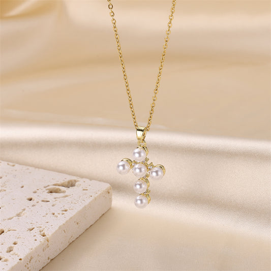 Simple Style Cross Stainless Steel Brass Plating Inlay Pearl 18k Gold Plated Pendant Necklace