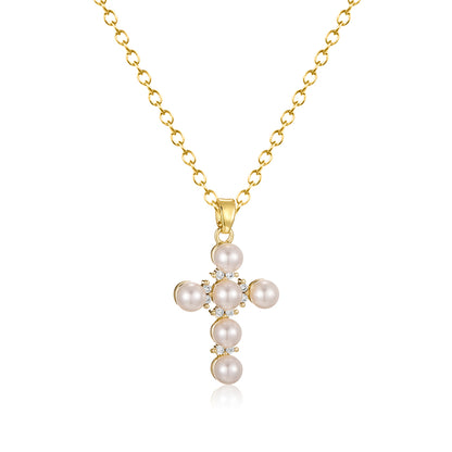 Simple Style Cross Stainless Steel Brass Plating Inlay Pearl 18k Gold Plated Pendant Necklace