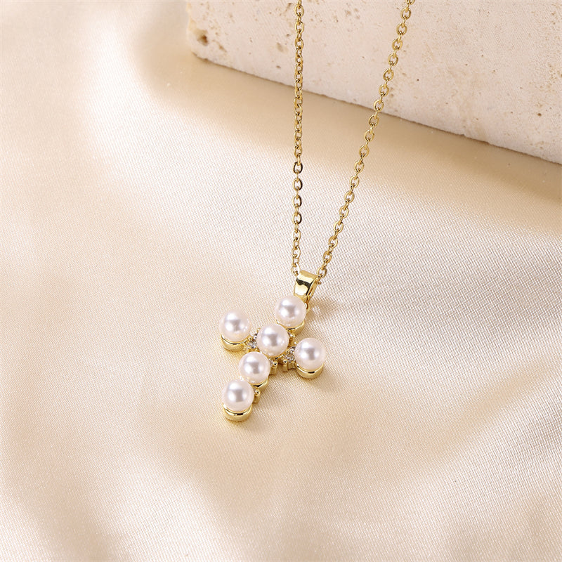 Simple Style Cross Stainless Steel Brass Plating Inlay Pearl 18k Gold Plated Pendant Necklace