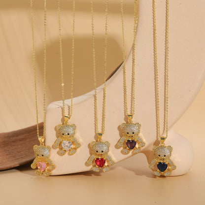 Cute Bear Heart Shape Copper Plating Inlay Zircon 14k Gold Plated Pendant Necklace