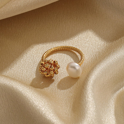 Ig Style Flower Copper Plating Inlay Freshwater Pearl 18k Gold Plated Open Rings