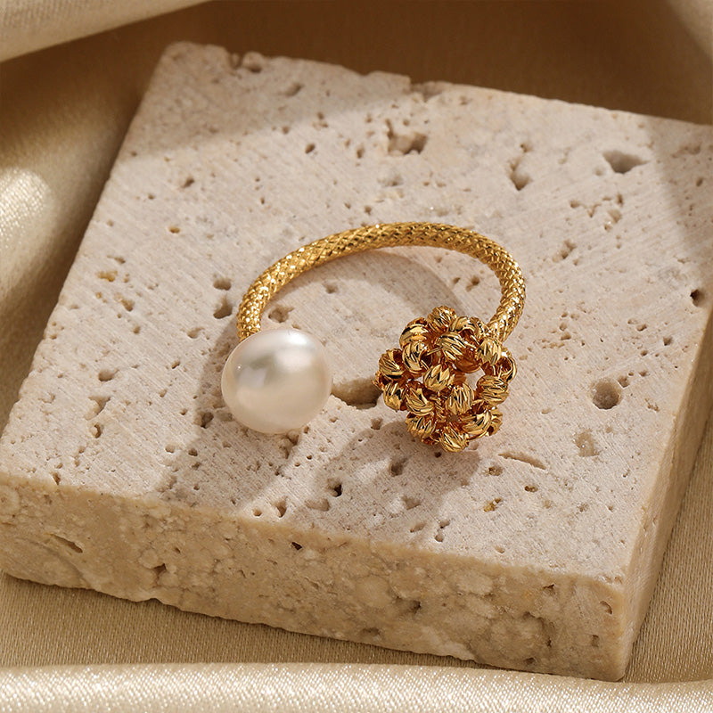 Ig Style Flower Copper Plating Inlay Freshwater Pearl 18k Gold Plated Open Rings