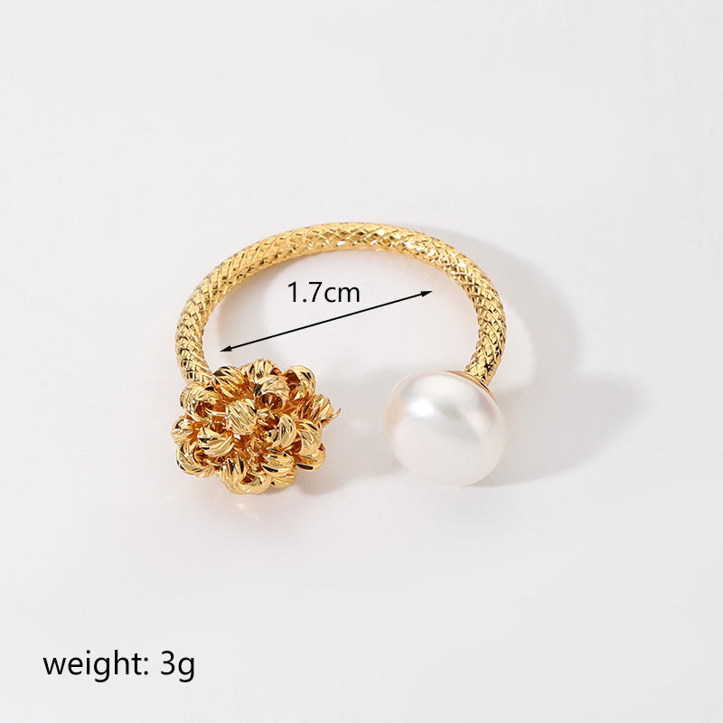 Ig Style Flower Copper Plating Inlay Freshwater Pearl 18k Gold Plated Open Rings