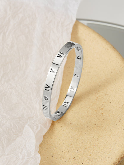 Simple Style Roman Numeral Titanium Steel Plating Hollow Out Inlay Zircon 14k Gold Plated Bangle