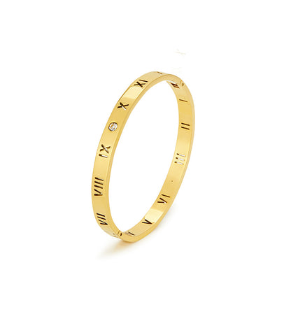 Simple Style Roman Numeral Titanium Steel Plating Hollow Out Inlay Zircon 14k Gold Plated Bangle