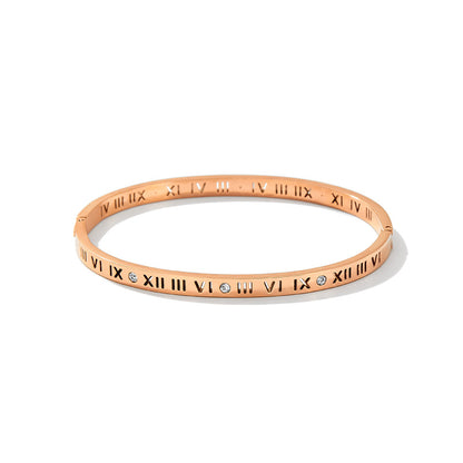 Simple Style Roman Numeral Titanium Steel Plating Hollow Out Inlay Zircon 14k Gold Plated Bangle