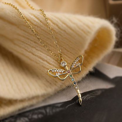 Simple Style Commute Dragonfly Copper Plating Inlay Zircon 18k Gold Plated Pendant Necklace