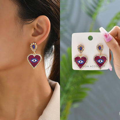 1 Pair Exaggerated Devil's Eye Heart Shape Inlay Alloy Rhinestones Drop Earrings