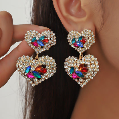 1 Pair Lady Heart Shape Inlay Alloy Artificial Diamond Drop Earrings