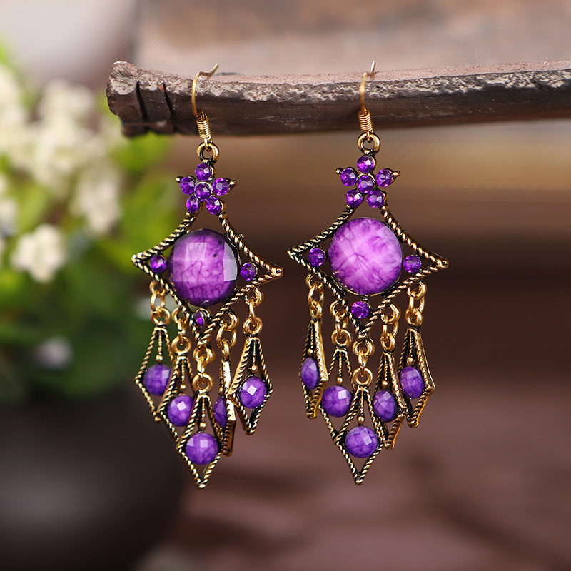 Ethnic Geometric Hollow Contrast Color Diamond-shaped Water Drop Earrings Wholesale