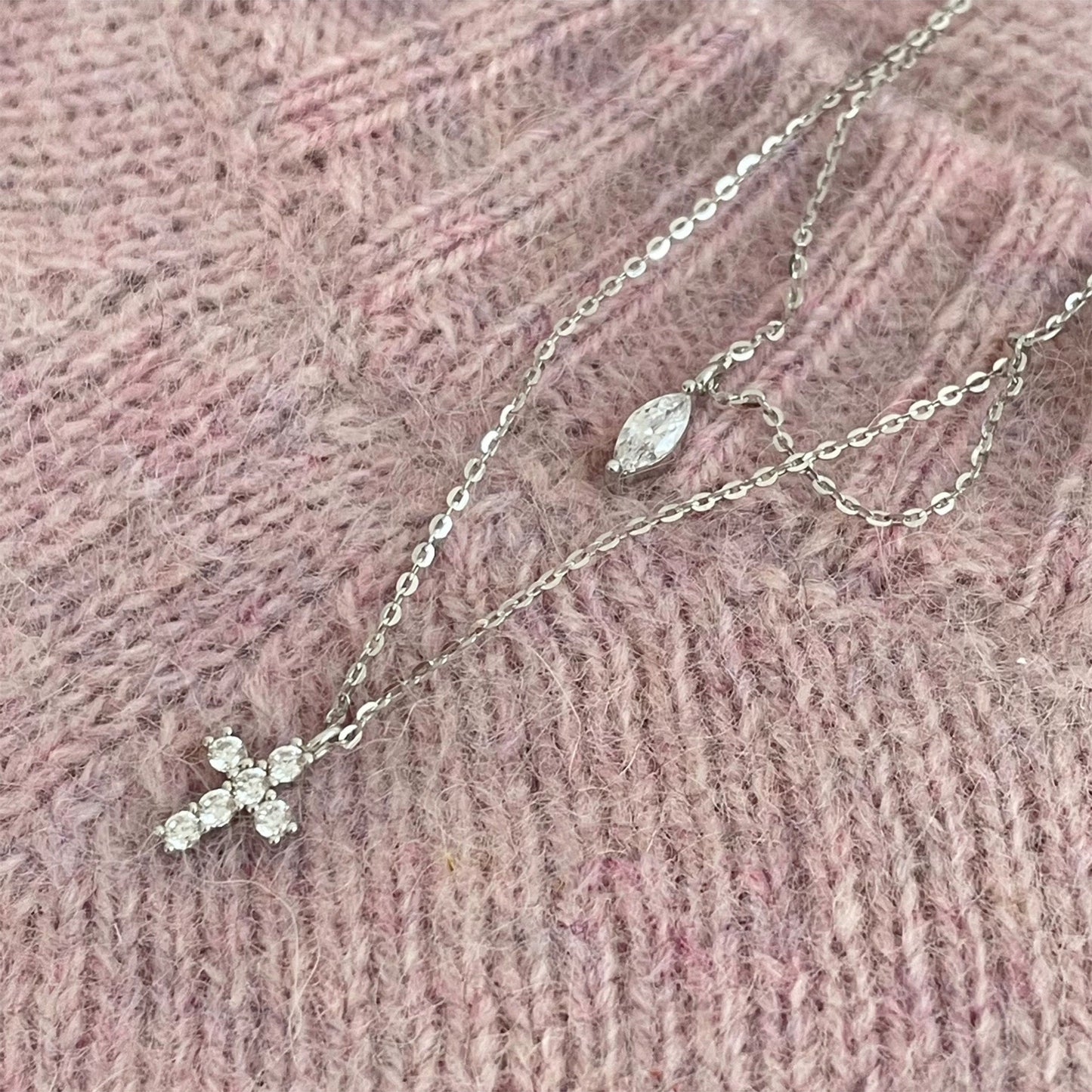 Modern Style Cross Sterling Silver Zircon Double Layer Necklaces In Bulk