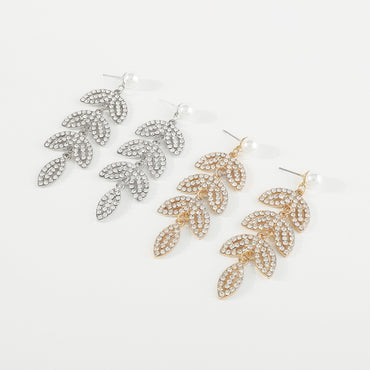 Wholesale Jewelry Elegant Shiny Leaves Imitation Pearl Iron Rhinestones Inlay Drop Earrings