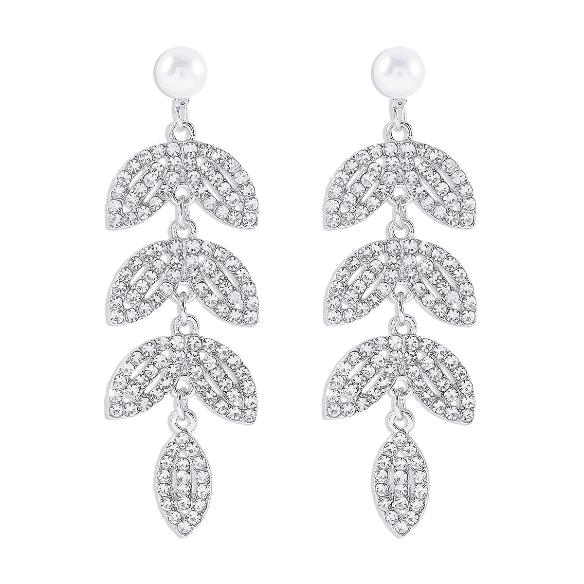 Wholesale Jewelry Elegant Shiny Leaves Imitation Pearl Iron Rhinestones Inlay Drop Earrings