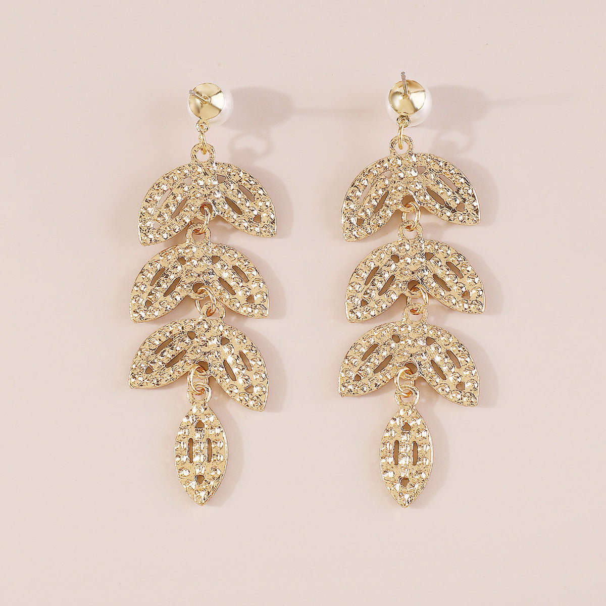 Wholesale Jewelry Elegant Shiny Leaves Imitation Pearl Iron Rhinestones Inlay Drop Earrings