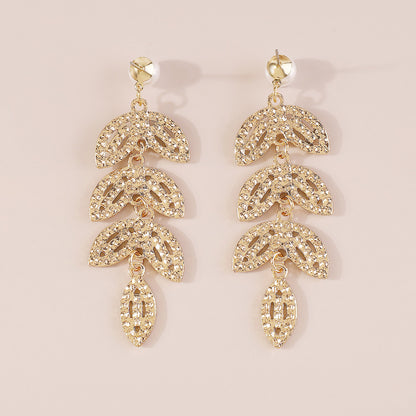 Wholesale Jewelry Elegant Shiny Leaves Imitation Pearl Iron Rhinestones Inlay Drop Earrings