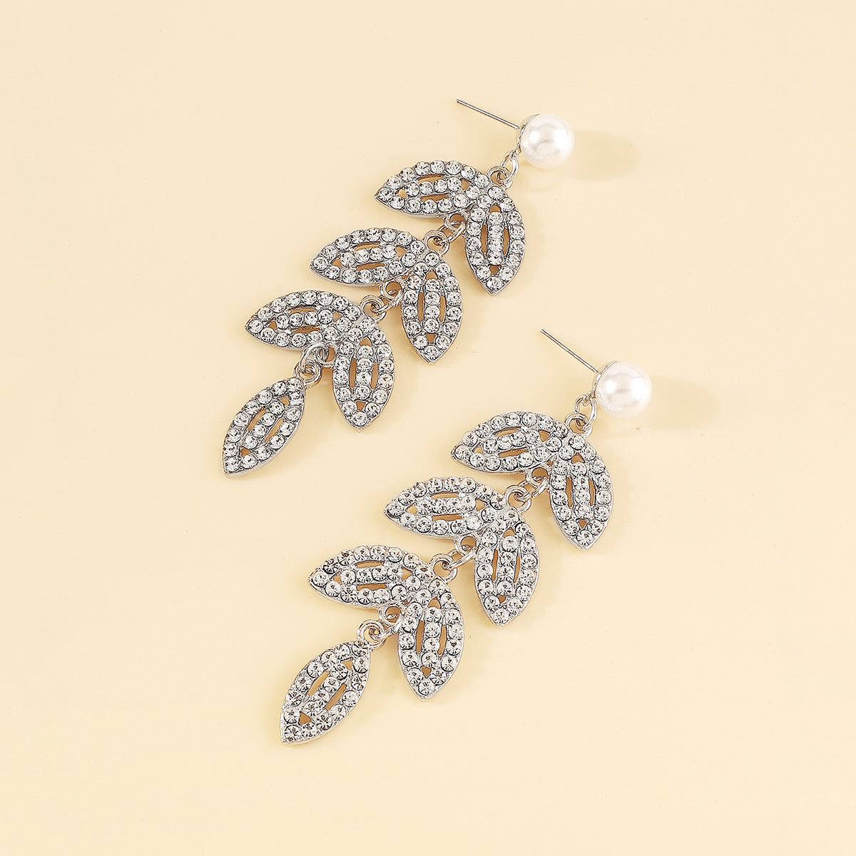 Wholesale Jewelry Elegant Shiny Leaves Imitation Pearl Iron Rhinestones Inlay Drop Earrings