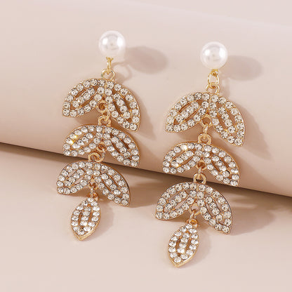 Wholesale Jewelry Elegant Shiny Leaves Imitation Pearl Iron Rhinestones Inlay Drop Earrings