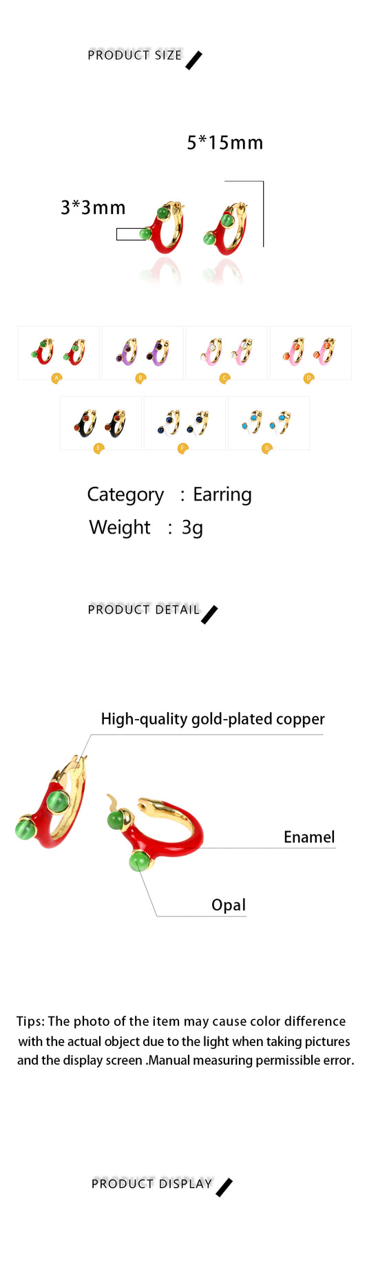 1 Pair Simple Style Geometric Enamel Plating Inlay Copper Opal 18k Gold Plated Hoop Earrings