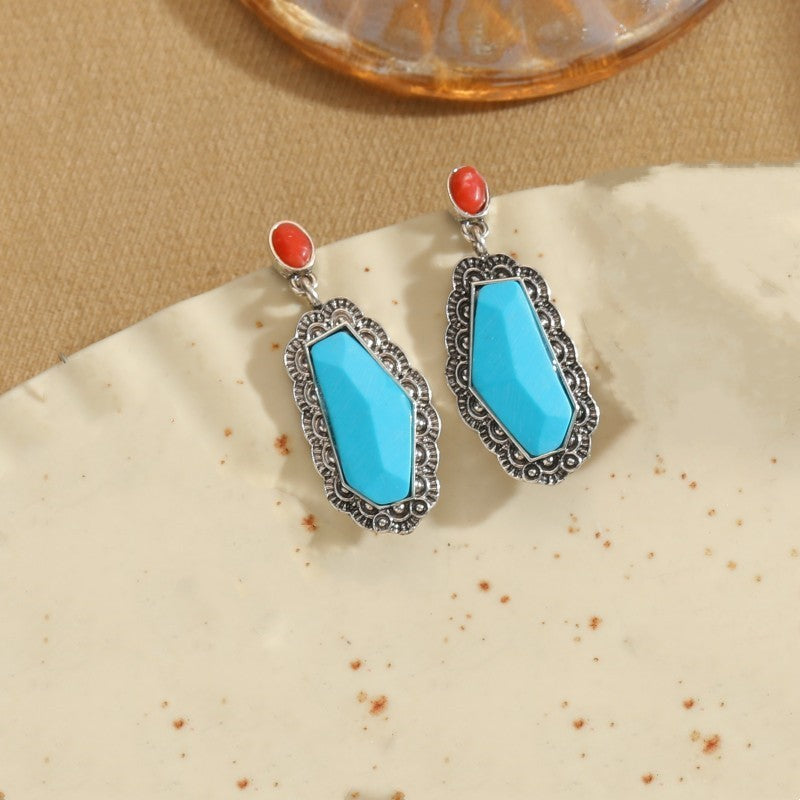 1 Pair Retro Commute Round Plating Inlay Alloy Turquoise Silver Plated Earrings