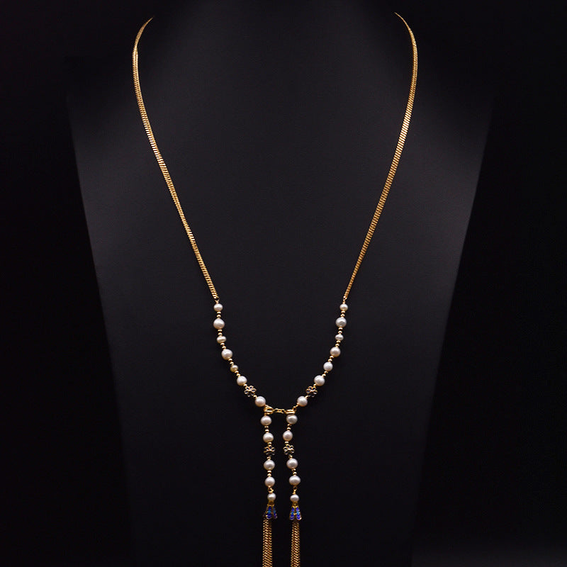 Vintage Style Geometric Solid Color Freshwater Pearl Copper Plating 18k Gold Plated Three Layer Necklace