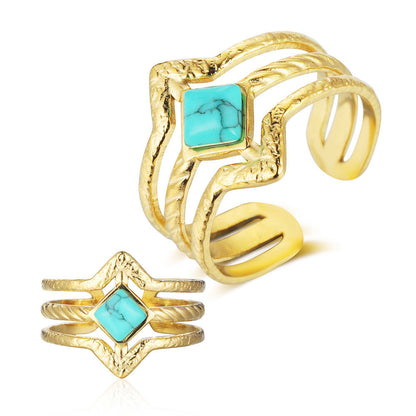 Casual Square Oval Stainless Steel Plating Inlay Turquoise Open Rings