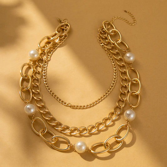 Casual Retro Geometric Imitation Pearl Aluminum Wholesale Layered Necklaces