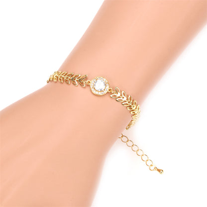 Hip-hop Vintage Style Leaves Copper Plating Hollow Out Inlay Zircon 18k Gold Plated Bracelets Necklace