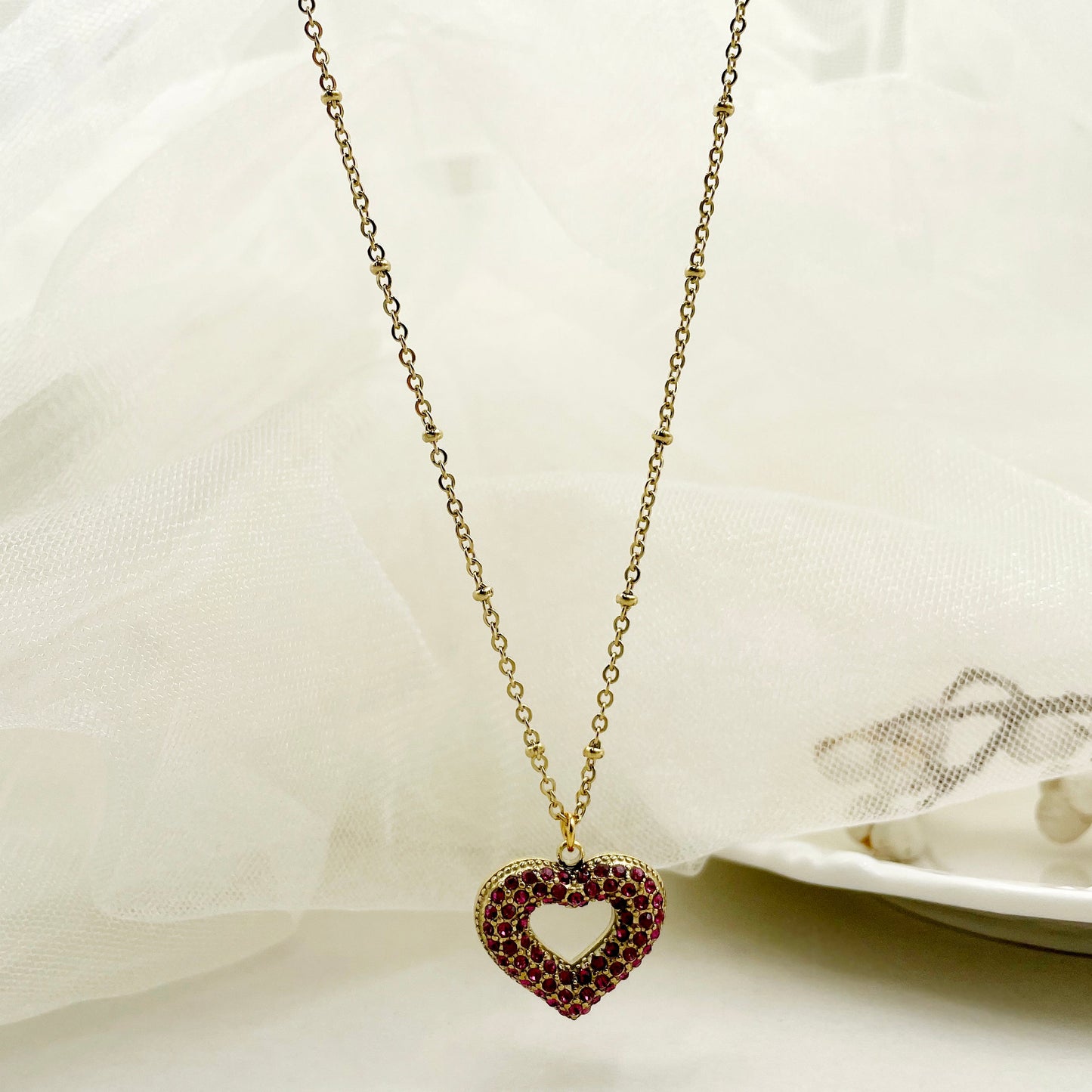 Glam Romantic Heart Shape Stainless Steel Plating Inlay Rhinestones Gold Plated Pendant Necklace