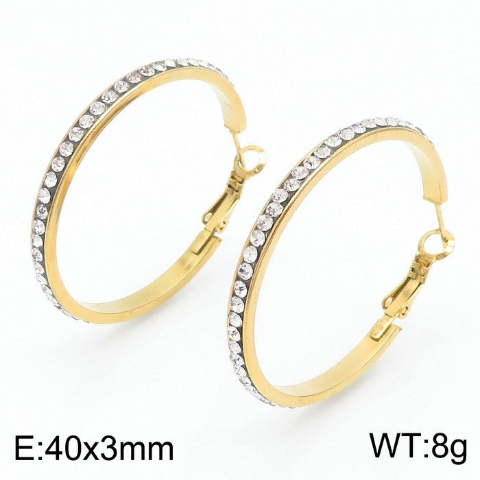 1 Pair Bridal Shiny Solid Color Plating Inlay Stainless Steel Artificial Diamond 18k Gold Plated Hoop Earrings