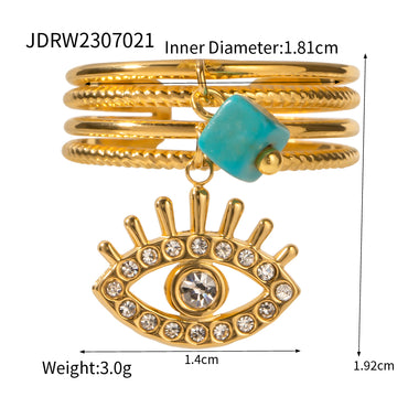 Ig Style Devil's Eye Stainless Steel Plating Inlay Turquoise Rhinestones 18k Gold Plated Open Rings