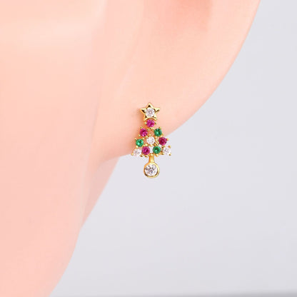 1 Pair Cute Christmas Tree Star Plating Inlay Sterling Silver Zircon Ear Studs