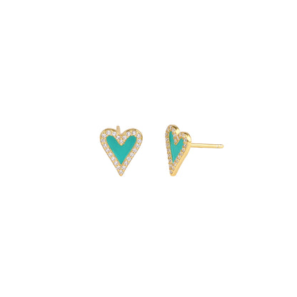 1 Pair Sweet Heart Shape Enamel Inlay Sterling Silver Zircon Ear Studs