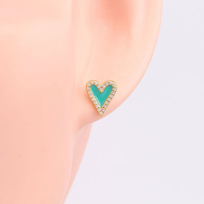 1 Pair Sweet Heart Shape Enamel Inlay Sterling Silver Zircon Ear Studs