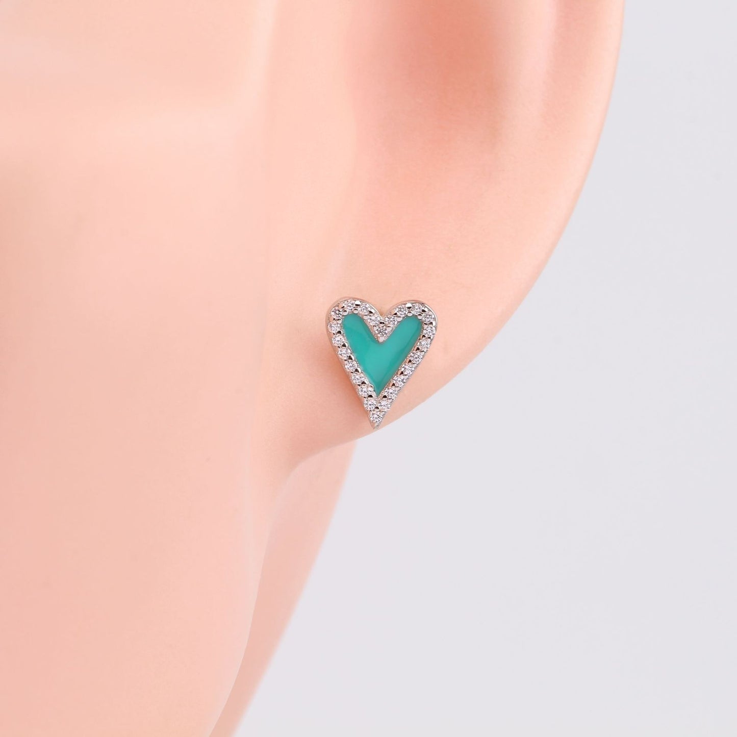 1 Pair Sweet Heart Shape Enamel Inlay Sterling Silver Zircon Ear Studs