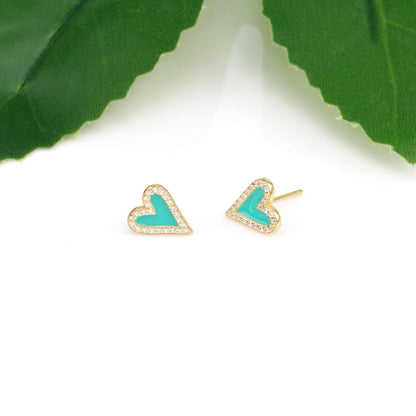 1 Pair Sweet Heart Shape Enamel Inlay Sterling Silver Zircon Ear Studs