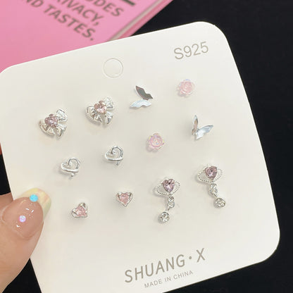 1 Set Simple Style Heart Shape Flower Bow Knot Inlay Alloy Artificial Gemstones Ear Studs