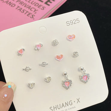 1 Set Simple Style Heart Shape Flower Bow Knot Inlay Alloy Artificial Gemstones Ear Studs