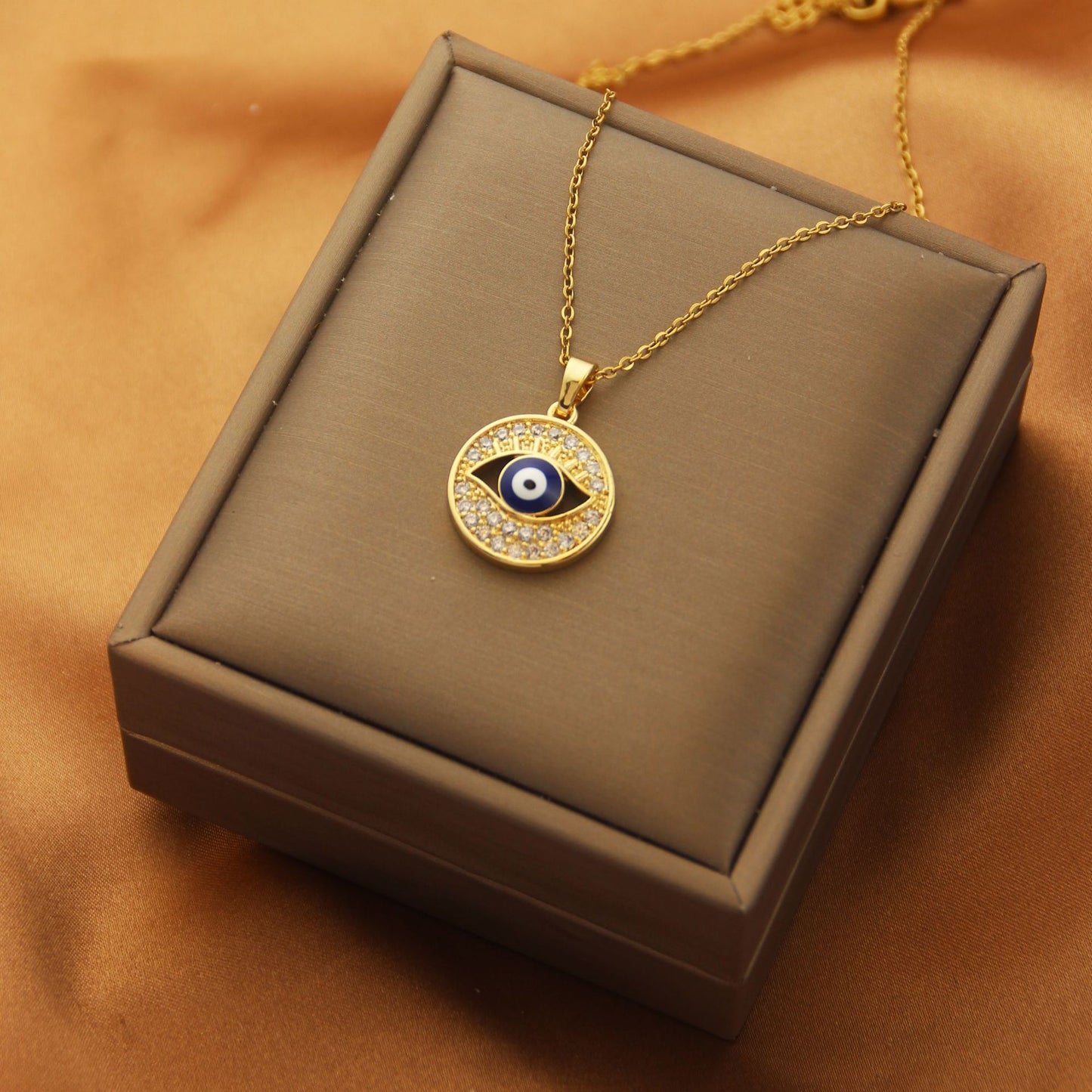 Sweet Eye Titanium Steel Plating Inlay Zircon Pendant Necklace