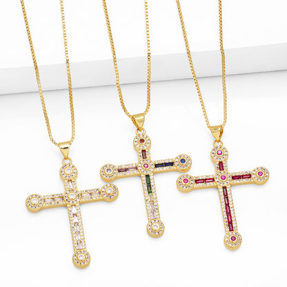 Fashion Simple Style Cross Copper 18k Gold Plated Zircon Necklace In Bulk