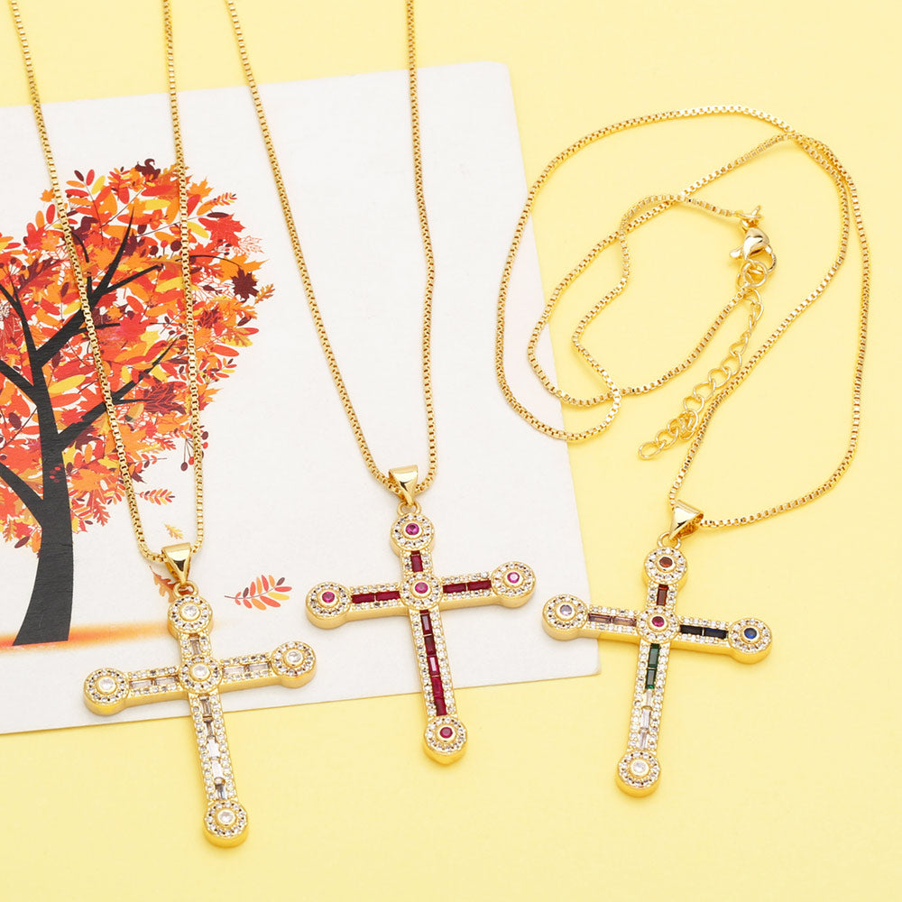 Fashion Simple Style Cross Copper 18k Gold Plated Zircon Necklace In Bulk