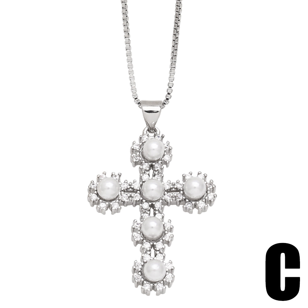 Ig Style Vintage Style Fashion Cross Copper Plating Inlay Pearl Zircon 18k Gold Plated Necklace