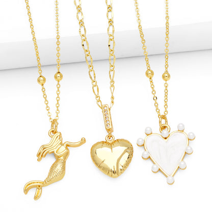 Ig Style Fashion Heart Shape Mermaid Copper Plating Inlay Zircon 18k Gold Plated Necklace