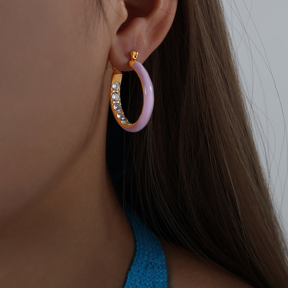 1 Pair Sweet Simple Style U Shape Solid Color Enamel Plating Inlay Titanium Steel Zircon 18k Gold Plated Hoop Earrings