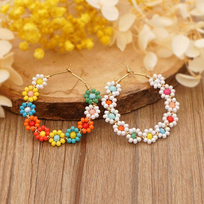 1 Pair Bohemian Flower Beaded Hoop Earrings