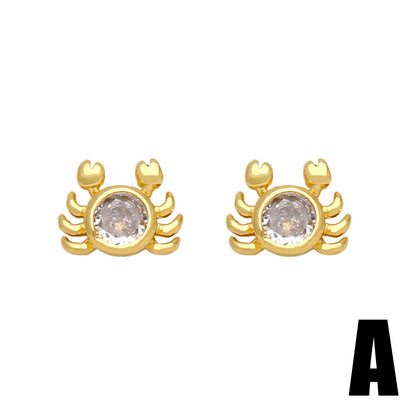 1 Pair Simple Style Heart Shape Crab Fish Bone Plating Inlay Copper Zircon 18k Gold Plated Ear Studs